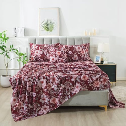 FADFAY Floral Sheets Set Twin XL Vintage Red Floral Bedding Shabby Pink Rose Elegant Peony Sheets Farmhouse Bedding 800 Thread Count 100% Egyptian Cotton Deep Pocket Fitted Sheet 4Pcs, Twin XL Size