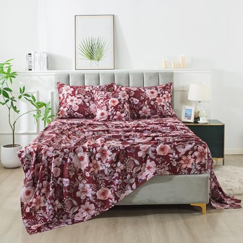 FADFAY Floral Sheets Set Full Vintage Red Floral Bedding Shabby Pink Rose Elegant Peony Sheets Rustic Farmhouse Bedding 800 Thread Count 100% Egyptian Cotton Deep Pocket Fitted Sheet 4Pcs, Full Size