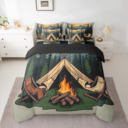 Erosebridal 7 Piece RV Camper King Comforter Set,Camping Chairs Tent Bedding Set with Sheets for Kids Adults,Mountain Forest Bed Set Travel Trailer Bunk Bedding Sets with Fitted Sheet+Flat Sheet