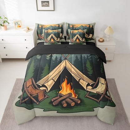 Erosebridal 7 Piece RV Camper Twin Comforter Set,Camping Chairs Tent Bedding Set with Sheets for Kids Adults,Mountain Forest Bed Set Travel Trailer Bunk Bedding Sets with Fitted Sheet+Flat Sheet