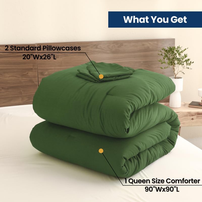 Paxrac Moss Green Queen Comforter Set, 3 Pieces Lightweight Solid Bedding Set, Soft Fluffy Comforter, All Season Bed Set (90"x90" Comforter & 2 Pillowcases)