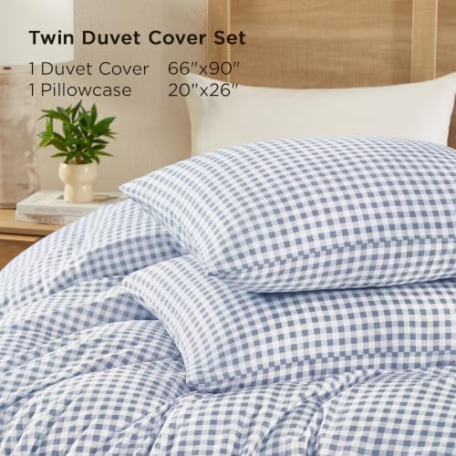 Andency Gingham Duvet Cover Twin Size, Misty Blue Checkered Plaid Bedding Set with Zipper Closure & Corner Ties, 2 Pieces Soft Prewashed Microfiber Comforter Cover for Dorm Kids