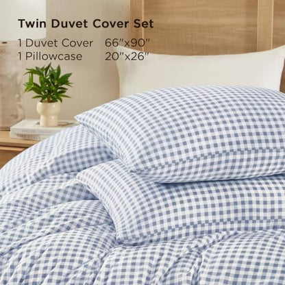 Andency Gingham Duvet Cover Twin Size, Misty Blue Checkered Plaid Bedding Set with Zipper Closure & Corner Ties, 2 Pieces Soft Prewashed Microfiber Comforter Cover for Dorm Kids