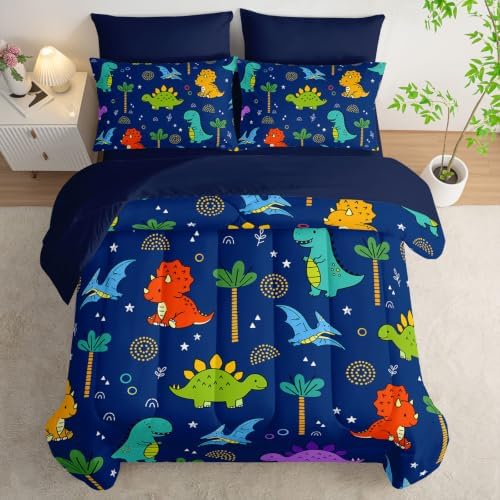 HOSIMA Colorful Cartoon Dinosaur Bed in a Bag 7 Pieces King for Kids.