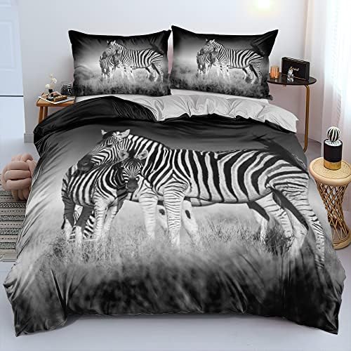 Animal Zebra Print Duvet Cover Full Size Gray Color Comforter Covers and Pillow Shams Art Deco Bedroom Bedding Set Boy Bed Set