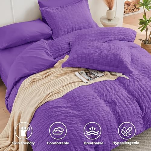 HYMOKEGE Bright Purple King Size Comforter Set Seersucker 7 Pieces, All Season Luxury Bed in a Bag for Bedroom, Bedding Set with Comforter, Sheets, Pillowcases & Shams