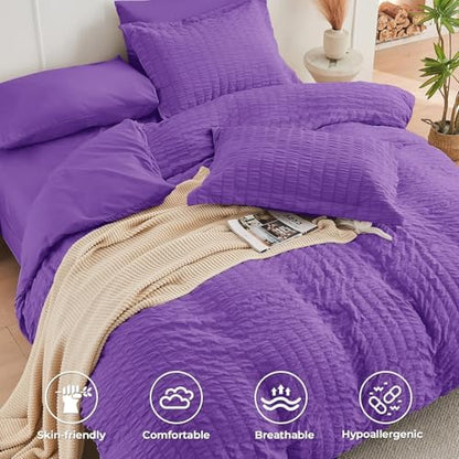 HYMOKEGE Bright Purple King Size Comforter Set Seersucker 7 Pieces, All Season Luxury Bed in a Bag for Bedroom, Bedding Set with Comforter, Sheets, Pillowcases & Shams