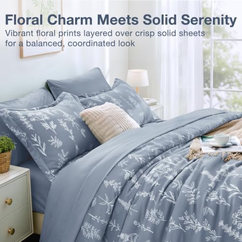 MUXHOMO Light Grey Full Comforter Set, Elegant Floral Print Bed in a Bag 7 Pieces, Ultra Soft & Breathable Reversible Botanical Pattern Bedding Set with Comforter, Sheets, Pillowcases, and Shams