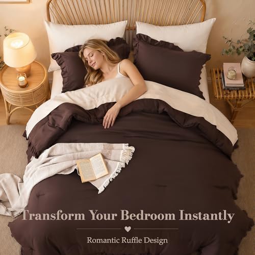 JANZAA Brown Comforter Set Queen, Ruffle Soft Bedding
