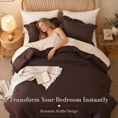 JANZAA Brown Comforter Set Queen, Ruffle Soft Bedding