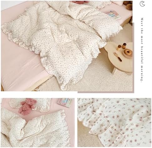 VM VOUGEMARKET Cream Duvet Cover Queen with Tiny Flower Pattern Soft Muslin Cotton Bedding Set with Ruffles,Soft,Breathable Linen Like Gauze Comforter Cover with Zipper Closure 90"x90"