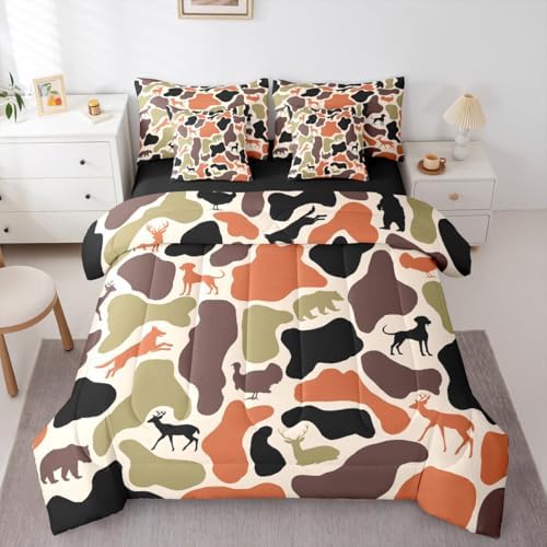 Erosebridal Camouflage 7 Piece Bedding Set Twin Hound Wolf Comforter Set with Sheets Army Woods Orange Farmhouse Bed in a Bag Bear Turkey Deer Theme Camo for Kids Boys Girls