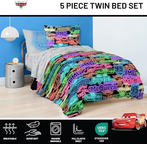 Disney Pixar Cars McQueen Twin Comforter Set 5 Piece Kids Bedding, Black