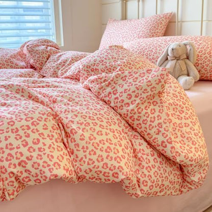 mixinni Pink Leopard Print Duvet Cover Set Queen Size, 3PCs Cute Aesthetic Cheetah Animal Bedding Set, 100% Cotton Double Gauze Soft Retro Cream Leopard Duvet Cover with 2 Pillowcases for Girls Women