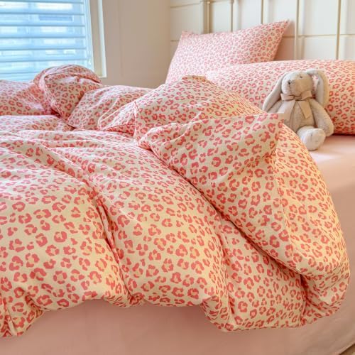 mixinni Pink Leopard Print Duvet Cover Set Twin XL Size, 3PCs Cute Aesthetic Cheetah Animal Bedding Set, 100% Cotton Double Gauze Soft Cream Leopard Duvet Cover with 2 Pillowcases for Girls Women