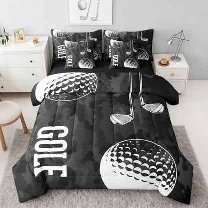 Erosebridal Boys Golf Bedding Twin 7 Pieces - Sports Decor Comforter Set with Sheets 3D Golf Printing Bed Sets for Teen Kids Winter Sports Games Bed in A Bag with Flat and Fitted Sheet(Camo Black)