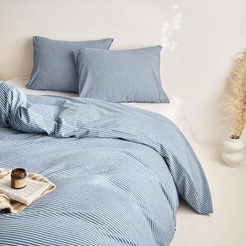 Wake In Cloud Striped Cotton Duvet Cover Set, Denim Blue, Full