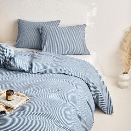 Wake In Cloud Striped Cotton Duvet Cover Set, Denim Blue, Full