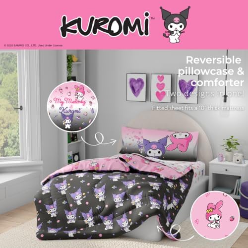 Sanrio Kuromi & My Melody Bedding 5 Piece Super Soft Cozy Reversible Comforter and Sheet Set with Sham, Twin, (Officially Licensed Product) By Franco