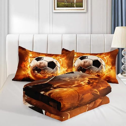 Yellow Soccer Bedding Comforter Set Twin Size with 2 Pillowcases.