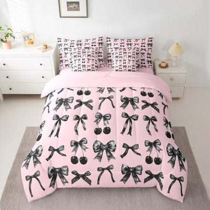 Black Cherry Bow 7-Piece Comforter Set Full Bed in a Bag, Cute Silk Ribbon Bowknot Bedding Sets Princess Bow Tie Comforter and Sheet Set, Dreamy Kawaii Room Decor,Girly Light Pink Room Decor Aesthetic