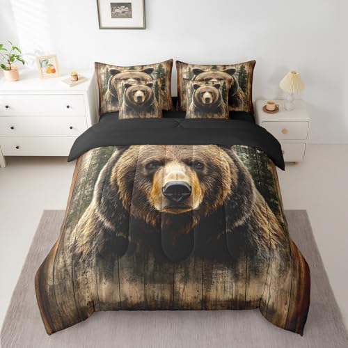 Erosebridal Bear 7 Piece Bedding Set King Size,Hunting Theme Bed in a Bag,Rustic Cabin Lodge Bed Set Includes Comforter, Sheet Set, Pillowcases & Pillow Covers All Season Bedroom Decor