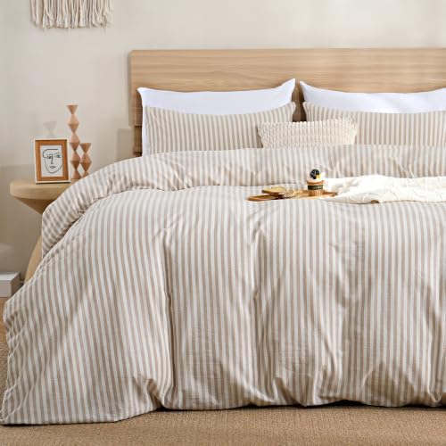 TOCOMOA Brown Striped Duvet Cover Set 100% Washed Cotton Like Linen, Queen