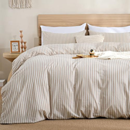 TOCOMOA Brown Striped Duvet Cover Set 100% Washed Cotton Like Linen, King