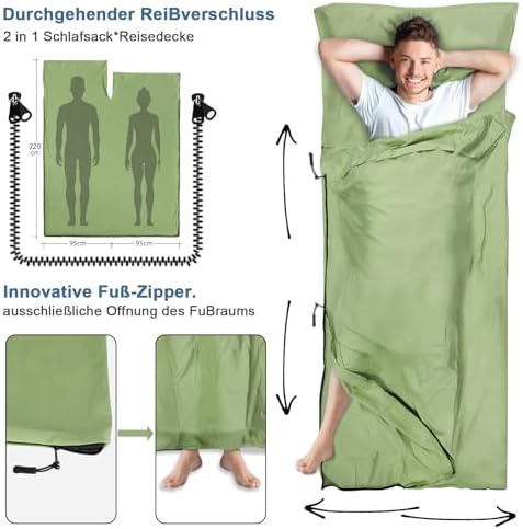 Sleeping Bag Liner, Updated Adult Sleep Sack & Travel Sheets with Foot Zipper, Lightweight and Portable Camping Sleeping Bag Liners - Ideal for Backpacking, Hostels and Camping