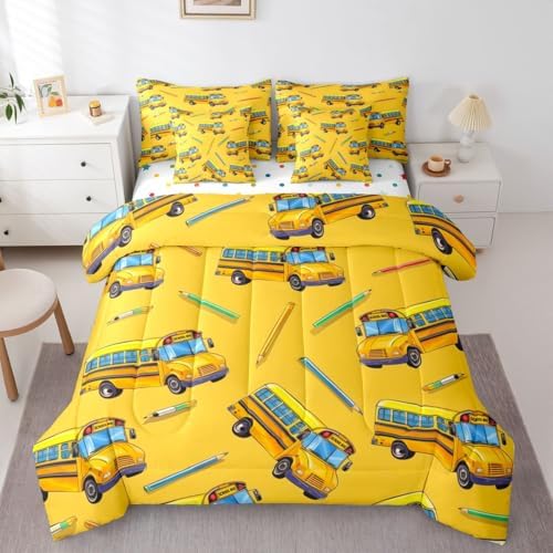 Erosebridal School Bus Queen Bed in A Bag for Home, School Truck Comforter Set with Sheets for Kids Boys Girls Teens Bedroom Decor, Cartoon Car Theme 7 Pcs Bedding Set, Yellow Bed Sets