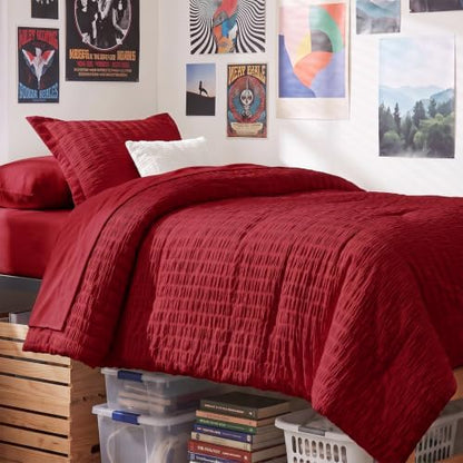 CozyLux Twin Comforter Set, 5 Pieces Dark Red Seersucker Bed in a Bag