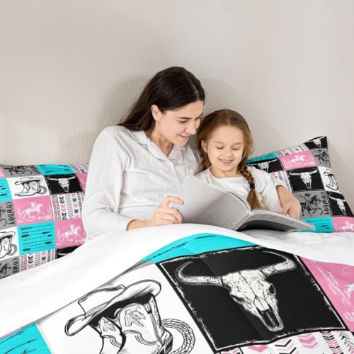 Manfei Cowboy Comforter Set Twin Size, Bull Skull Horse Arrow Bedding Set 2pcs for Kids Boys Girls Room Decor, Geometric Grid Blue Pink Plaid Quilt Set Western Duvet Set with 1 Pillowcase
