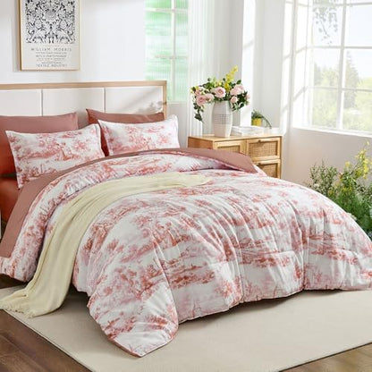 Blush Pink Queen Comforter Set, 7 Pieces Bed in a Bag French Toile Comforter with Sheets, Soft Lightweight Microfiber Botanical Complete Queen Size Bedding Set for All Season