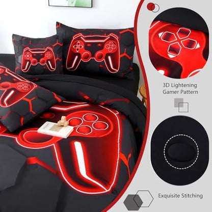 6 Piece Gaming Bedding Set Queen Size Kids Comforter Set for Boys Black Red Gamer Bed Comforter Sheet Set 3D Honeycomb Game Console Bed in A Bag (Black Red, Queen)