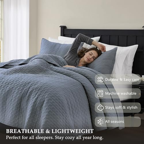 palassio Blue Grey 100% Cotton Quilt Queen Size Bedding Sets with 2 Pillow Shams, Textured Lightweight Soft Bedspread Shabby Chic Coverlet, Quilted Comforter Bed Cover for All Season, 3 Pieces