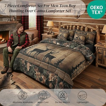 Erosebridal Rustic Cabin Bedding Sets 7 Piece Camo Hunting Deer Comforter Set Twin Farmhouse Woodland Animal Bed in A Bag for Kids Boys Teen Men,Tree Camouflage Wildlife Sheet Set with Comforter