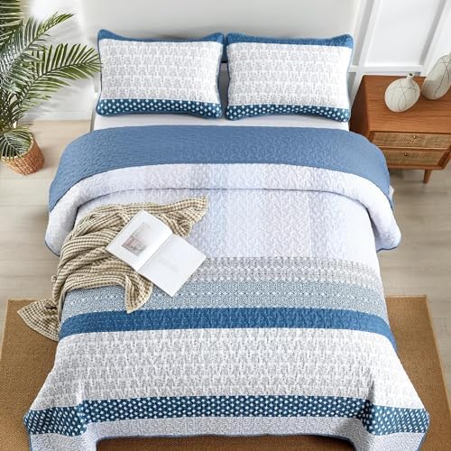 WONGS BEDDING Blue Full Size Quilt Set, Bohemian Striped Bedspreads