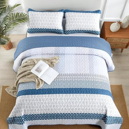 WONGS BEDDING Blue Full Size Quilt Set, Bohemian Striped Bedspreads
