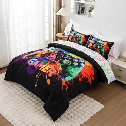NTBED Game Console Comforter Set for Boys Girls Kids Tie Dye GamingLightweight Microfiber Gamer Bedding Sets (Multi, Queen 5Pcs)