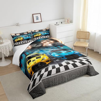 Feelyou Sports Car Comforter Extreme Sports Decor Comforter Set for Kids Boys Yellow Blue Race Car Bedding Set Cool Speed Competitive Racing Car Quilt Set Room Decor 2Pcs Twin Size