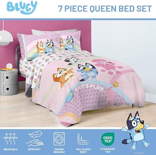 Bluey Bingo Queen Comforter Set 7 Piece Kids Bedding for Girls, Pink