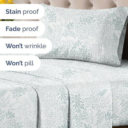 Twin XL 3 Piece Floral Sheet Set - Soft, Breathable & Cooling - Gray Ferns