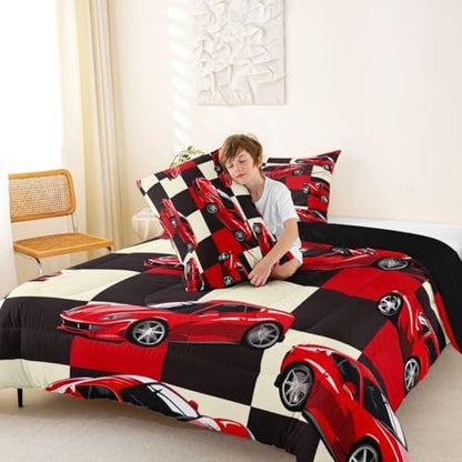 Erosebridal Red Racing Car Full Comforter Set for Boys, Cool Speed Race Car Bedding Set for Kids Youth Men Teens Room Decor, Extreme Sport Comforter, Grid Buffalo Quilt, 3 Piece