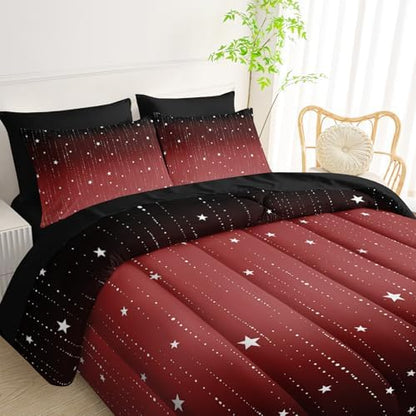 QOOMO Red Galaxy 7 Pieces Comforter Set Queen,Starry Sky Bedding Set