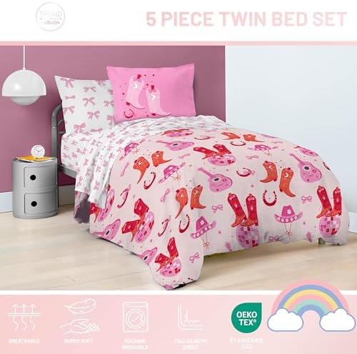 Trend Collector Cowgirl Twin Comforter Set 5 Piece Kids Bedding, Pink