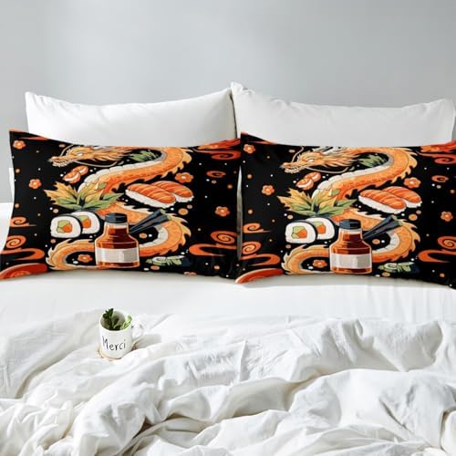 Feelyou Kids Dragon Duvet Cover Toddler Sushi Bedding Set Boys Girls Japanese Style Comforter Cover Set Cute Cartoon Japanese Sushi Dragon Bedspread Cover（No Comforter
