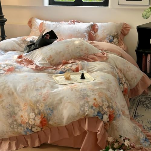 VM VOUGEMARKET Plush Pink Cotton Double Gauze Duvet Cover Set Queen Size,Garden Floral Print with Blush Pink Ruffle,Lightweight Breathable Cottagecore Garden Style Bedding Set-90x90