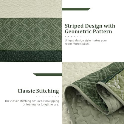 Cottolester Sage Green Full Quilt Set,3 Pcs Summer Striped Bedspread Set