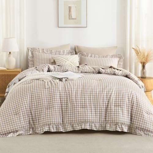 Andency Tan Gingham Ruffle Comforter Twin, 2 Pieces Vintage Bedding