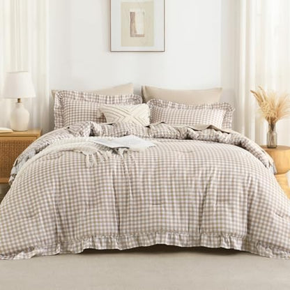 Andency Tan Gingham Ruffle Comforter Twin, 2 Pieces Vintage Bedding